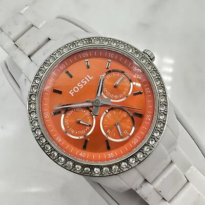 FOSSIL Stella Glitz White Plastic Orange Dial  Ladies Watch ES2667 - NEW BATTERY • $26.99