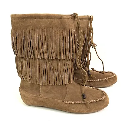Minnetonka Size 9 Women’s Double Fringe Suede Chestnut Brown Boots • $39.95