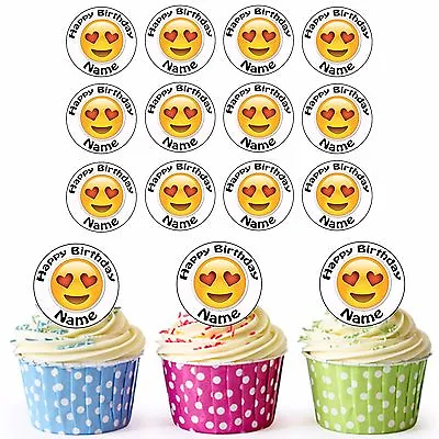 24 Precut Personalised Birthday Emoji Heart Eyes Edible Cupcake Toppers • £3.99