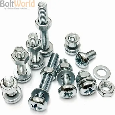 M3.5 Zinc Machine Pozi Pan Head Screws Bolts With Full Nuts & Thick Washers • £4.82