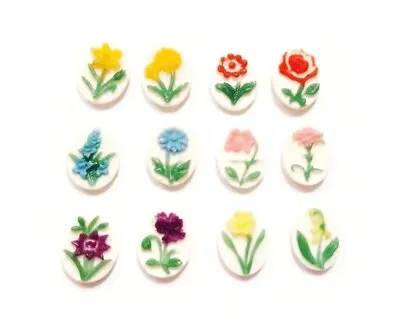 $4.49 • Buy 12 Vintage Hong Kong Assorted Color Flowers 10x8mm. Oval Cabochon Cameos 393P