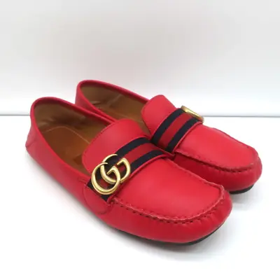 $399 • Buy Gucci GG Marmont Web Driver Loafers Red Leather Size 38.5