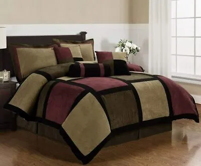 Elegant Burgundy Brown Patchwork Micro Suede 7 Pcs Cal King Queen Comforter Set • $154.99