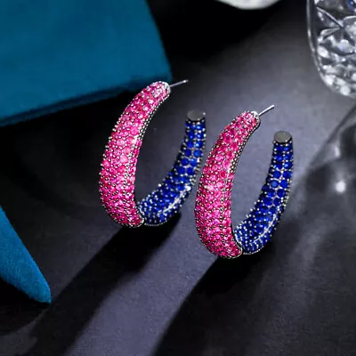 Rose Red Blue Micro Pave Cubic Zirconia Big Round Hoop Earrings Party Jewellery • $8.94