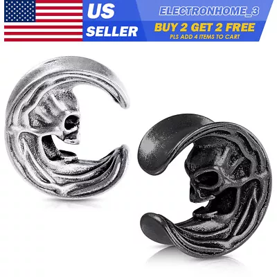 2PC Punk Skull Moon Ear Gauges Saddle Ear Spreader Stainless Steel Tunnel Plugs • $11.59