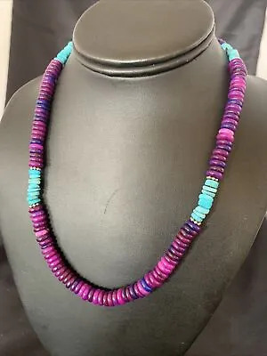 Purple Sugilite & Turquoise Bead Navajo Sterling Silver Necklace 19” 11918 • $254.75