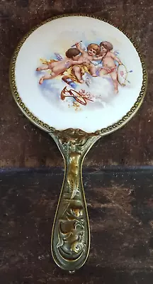 Antique Brass Art Nouveau Hand Mirror Mermaid Lotus Fish Porcelain With Cherubs • $49.99