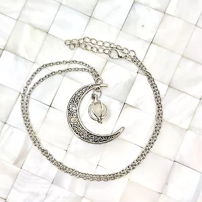 Silver Tone Crescent Moon Caged Bead Pendant Necklace The Vintage Strand #1889 • $10.19