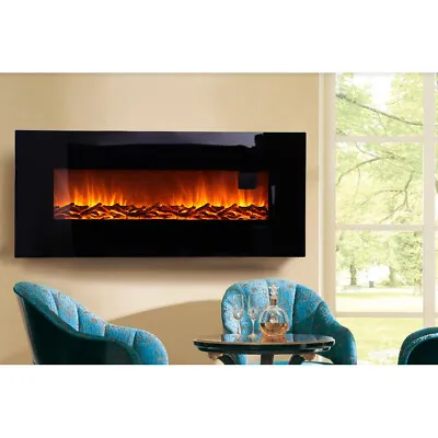 50 Inch Wall Mounted Electric Fire Black Flat Glass With Remote Control • £159.95