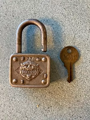 Vintage Master Lock Co. # 77 Padlock Embossed Lion Head Lock With Key USA Works • $14.99