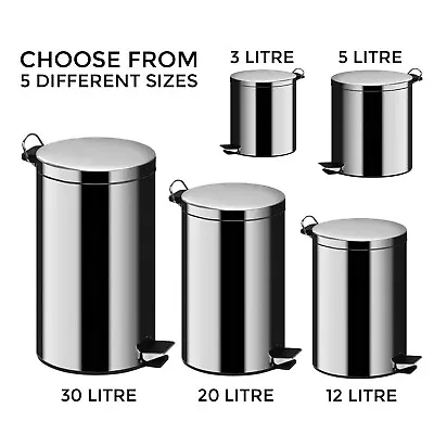 £16.85 • Buy Stainless Steel 3l 5l 12l 20l 30l Silver Pedal Bin Kitchen Toilet Rubbish Bin