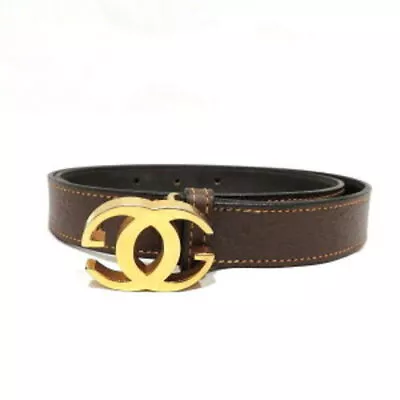 Vintage GUCCI GG Brown Leather Gold Color Buckle Bangle Belt Women Waist 72-78cm • $148