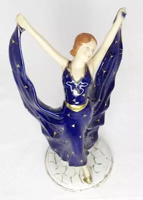 Vtg Art Deco Moriyama Japan Cobalt & Gold Dancing Woman Porcelain Figurine 12 ¼” • $125