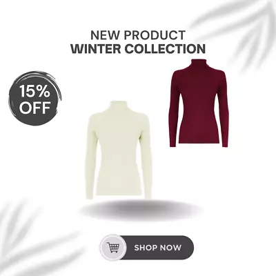 Women's Ribbed Polo Neck Long Sleeve Jumper Ladies Plain High Neck Top Uk 8-28 • £8.99