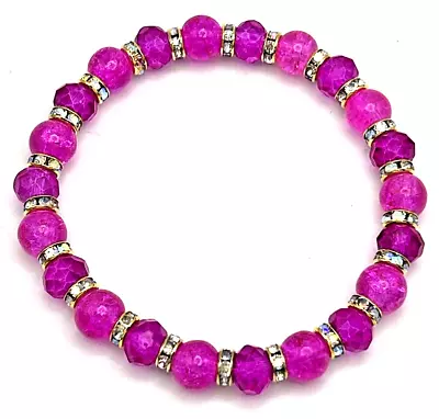 HOT PINK 7.5  Beaded Stretch Bracelet -Fuchsia Pink Glass Beads & AB Rhinestones • $3.50