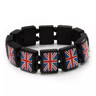 UK British Flag Union Jack Stretch Wooden Bracelet - Up To 20cm Length • £5.50