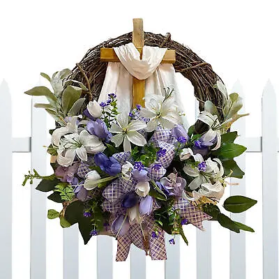 Easter Door Wreath Decoration With Cross Front Tulip  Rustic Wreath Ornaments • £22.61