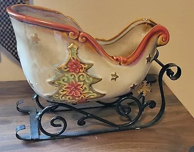 Ceramic Christmas Sleigh  Stars & Tree  With Metal Runners Candle Holder • $13