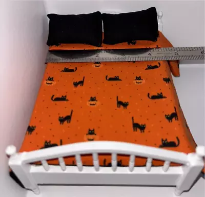 Dollhouse Miniature 1:12 Double Bed Bedding & 2 Pillows Halloween Cat #018 • $13