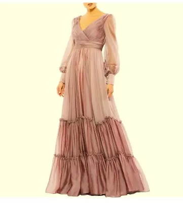 Mac Duggal Mocha Mauve Long Sleeve Satin & Chiffon Tiered Gown Size 16 $598 NWT • $168.95