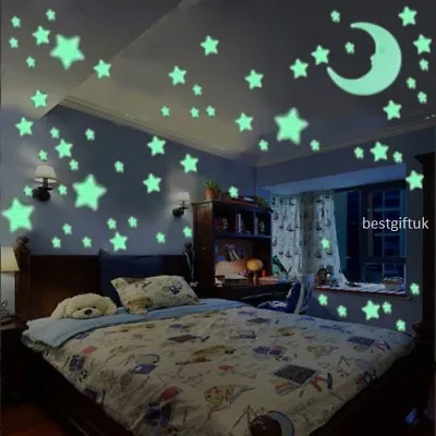 £3.99 • Buy 100 Wall Glow In The Dark Moon+Stars Stickers Baby Kids Nursery Bed Room Ceiling