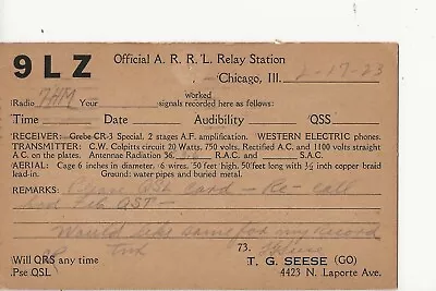 1923   9LZ  Chicago Ill.  QSL Radio Card • $6