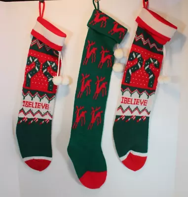 Lot 3 Vtg Christmas Stockings Knit Ugly Sweater Deer I Believe Red White Green • $15