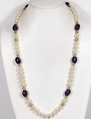 Vintage Ivory Color Faux Pearl Purple Oval Bead Necklace 30 Inch Lucite • $7.34