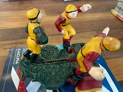 Vintage Football Game Players Cast Iron Metal Mechanical Bank 8x7in Watch Video • $24.99