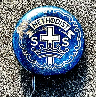 Antique Pin Vintage Religious Methodist Church Themed Metal Round Blue Pinback • $7