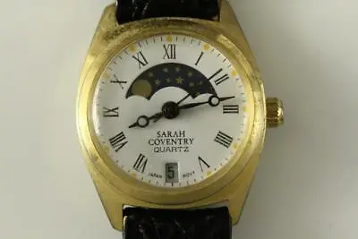 Vintage Jewelry SARAH COVENTRY Quartz Watch Calendar Date Black Leather Band • $18.84