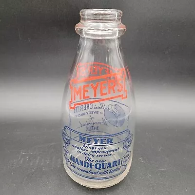 Vintage 1941 Milk Clear Bottle Meyer's Dairy Handi-Quart Blue & Red Painted USA • $28.49