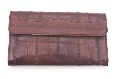 Vintage Genuine Eel Skin Leather Burgundy Clutch Wallet Trifold Kiss Lock Pocket • $20.69
