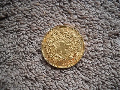 20 FRANCS Switzerland 1909 B Gold Coin   VRENELI  6.45g/5.823g Fine Gold UNC/AU55#5 RARE • $508.16
