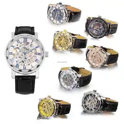 Men's Skeleton Mechanical Wrist Watch Steampunk Luxury Leather Stainless Brand • $24.99