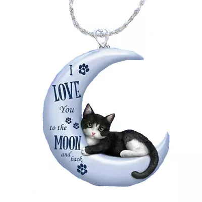 £3.23 • Buy Cute 925 Silver Cat Pendant Moon Crystal Necklace Women Cubic Zirconia Jewelry