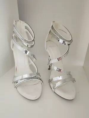 Silver High Heels Sz 8 39 White Stiletto Strappy Metallic Wedding Shoes Novo • $23.49
