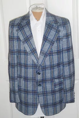 Vintage 70s Blue Gray McGregor Plaid Polyester Jacket 44 • $76.21