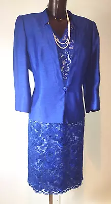 Jacques Vert Cobalt Blue Lace Dress & Faux Silk Mother Of Bride Suit Size 16 • £64.99