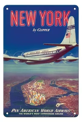 PAN AM NEW YORK BY CLIPPER VINTAGE TRAVEL POSTER METAL SIGN 8x12  NEW • $12.98