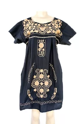 Mexican Embroidered Floral Dress Puebla Black Tunic Dress W/Pockets Small  • $38