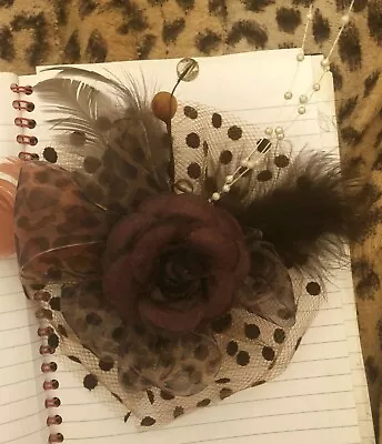 Retro Brown Velvet Flowers W/ Swiss Dot Tulle Feathers Bead Hair Clip Fascinator • $21.99