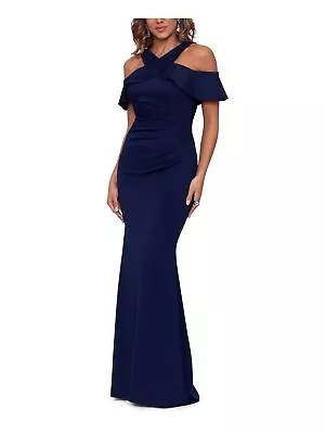 XSCAPE Womens Navy Zippered Short Sleeve Halter Full-Length Formal Gown Dress 10 • $32.99