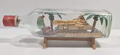 Vintage Ship In A Bottle 12  Handmade Bamboo Island Bungalow Sailboat Palm Tree • $150