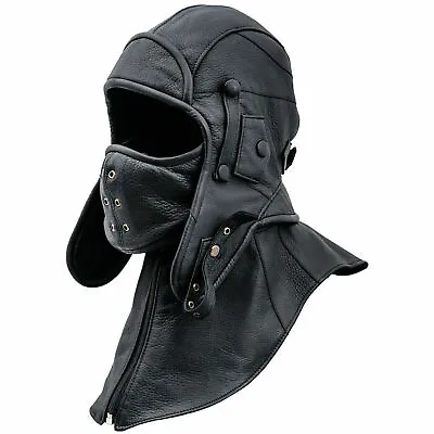 100 % Real Leather Aviator Cap With Collar And Face Cover Pilot Tactical Hood • £92.74