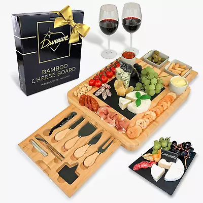 Bamboo Cheese Board And Knife Set Ceramic Bowls Wine Opener - 100% Organic Wood • £24.99