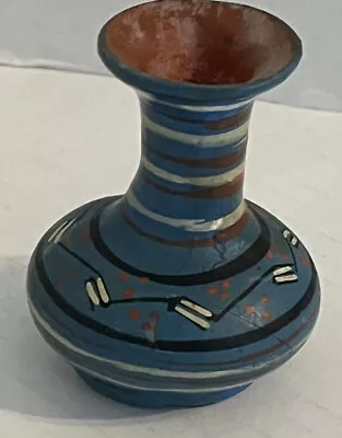 MEXICO FOLK ART REDWARE POTTERY VASE 3 Inches BLUE  BLACK RED WHITE • $7.99