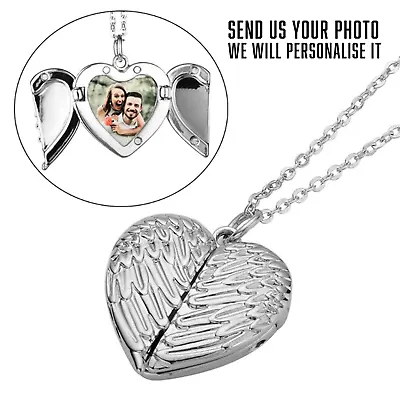 £10.95 • Buy Personalised Photo Angel Wings Heart Locket Necklace Love Gift Memorial Silver