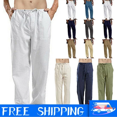 $13.59 • Buy Mens Summer Beach Pants Cotton Linen Casual Yoga Drawstring Elasticated Trousers