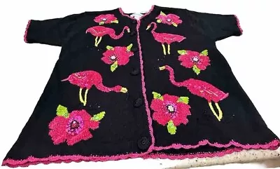Vtg Victoria Harbour Womens Short Sleeve Cardigan XL Flamingos Tropical **pearls • $35.99